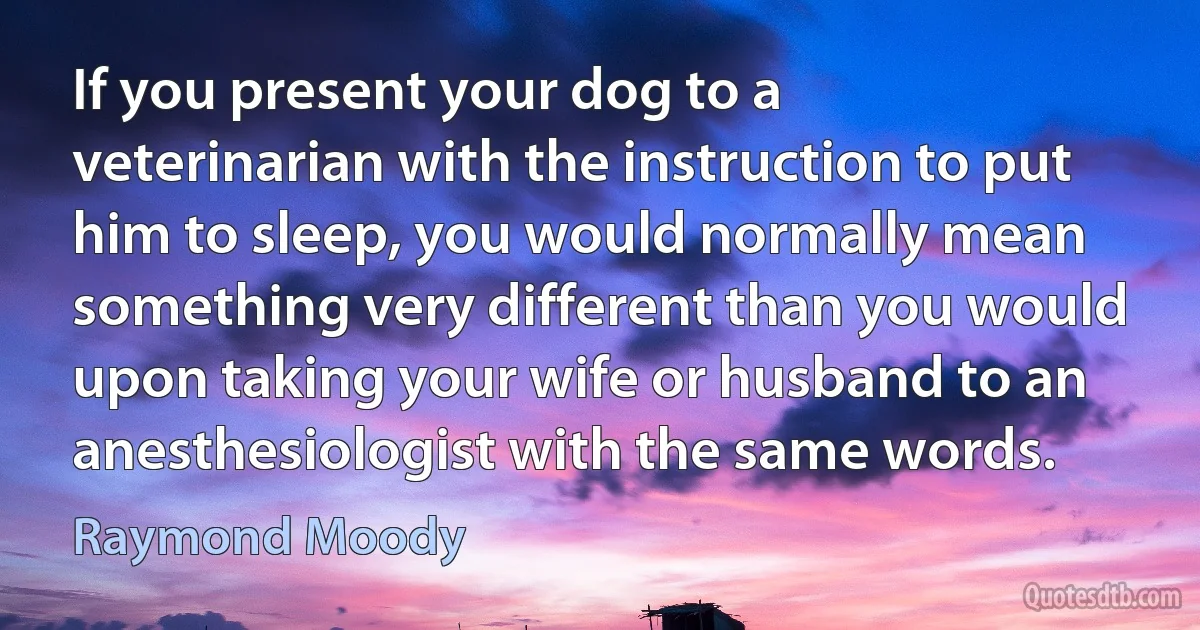 If you present your dog to a veterinarian with the instruction to put him to sleep, you would normally mean something very different than you would upon taking your wife or husband to an anesthesiologist with the same words. (Raymond Moody)