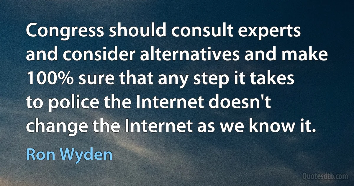 Congress should consult experts and consider alternatives and make 100% sure that any step it takes to police the Internet doesn't change the Internet as we know it. (Ron Wyden)