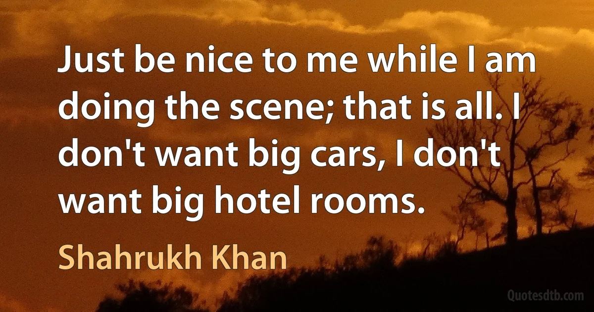 Just be nice to me while I am doing the scene; that is all. I don't want big cars, I don't want big hotel rooms. (Shahrukh Khan)