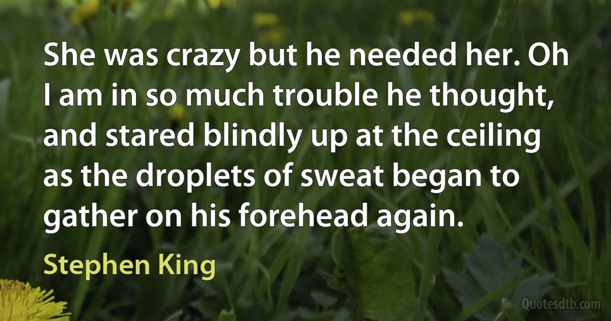 She was crazy but he needed her. Oh I am in so much trouble he thought, and stared blindly up at the ceiling as the droplets of sweat began to gather on his forehead again. (Stephen King)