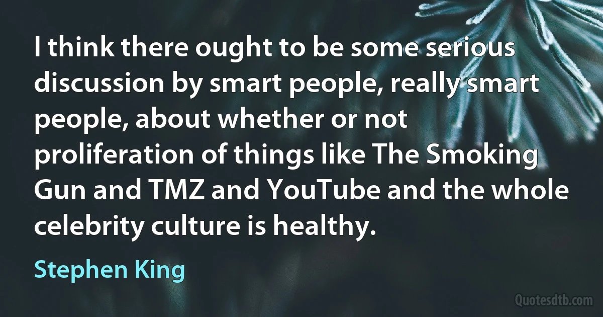 I think there ought to be some serious discussion by smart people, really smart people, about whether or not proliferation of things like The Smoking Gun and TMZ and YouTube and the whole celebrity culture is healthy. (Stephen King)