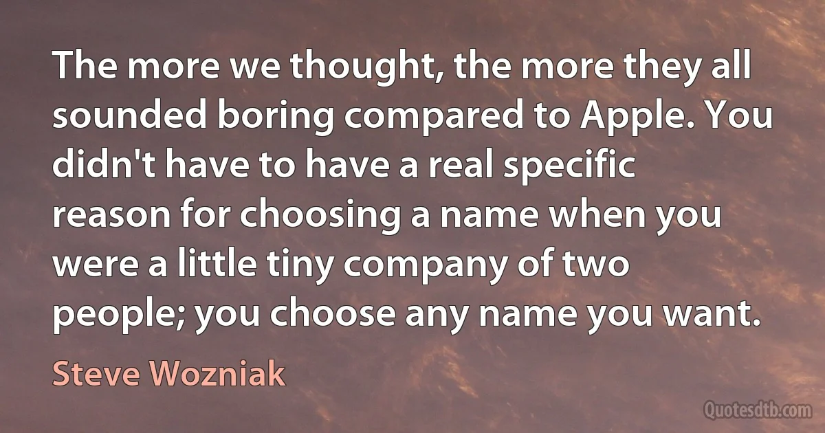 The more we thought, the more they all sounded boring compared to Apple. You didn't have to have a real specific reason for choosing a name when you were a little tiny company of two people; you choose any name you want. (Steve Wozniak)