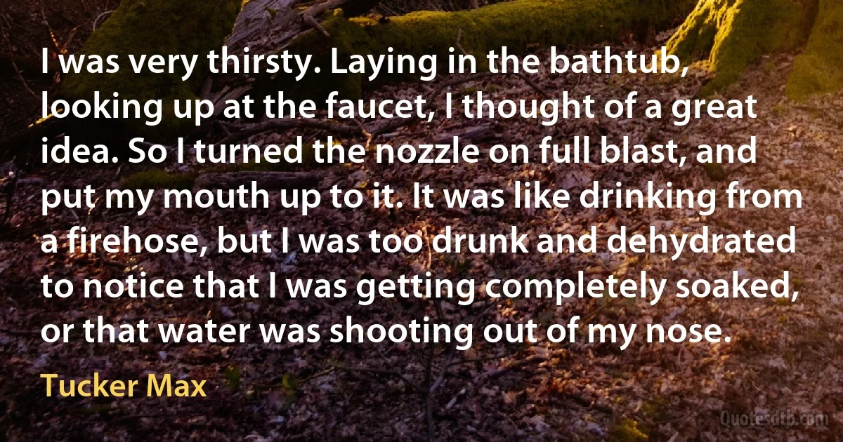 I was very thirsty. Laying in the bathtub, looking up at the faucet, I thought of a great idea. So I turned the nozzle on full blast, and put my mouth up to it. It was like drinking from a firehose, but I was too drunk and dehydrated to notice that I was getting completely soaked, or that water was shooting out of my nose. (Tucker Max)