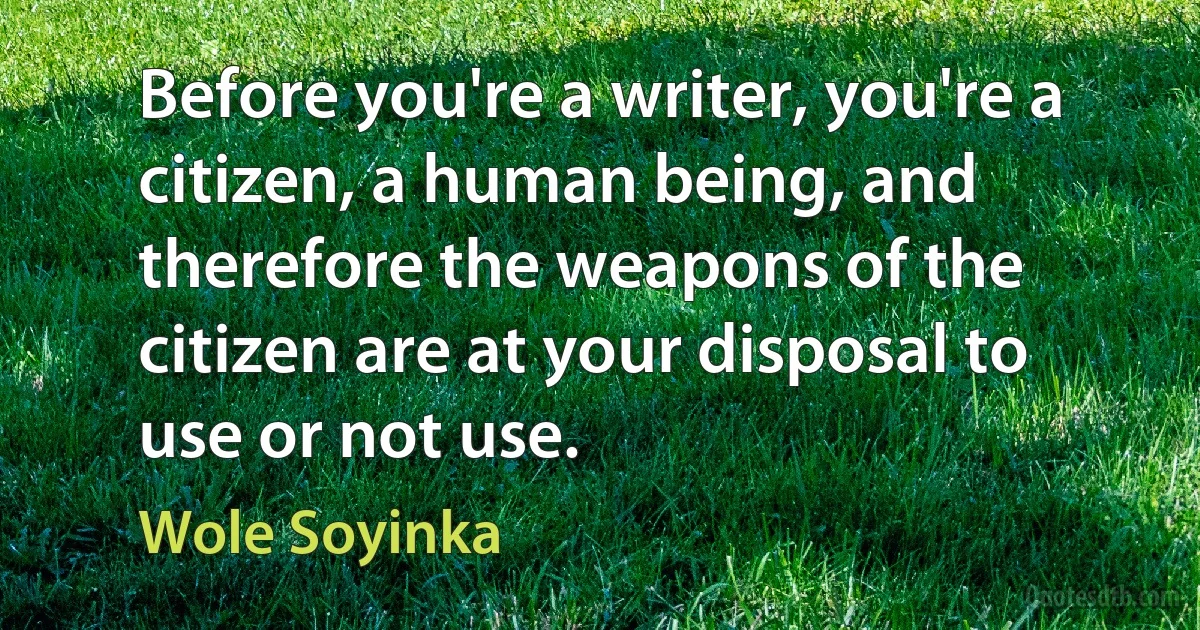 Before you're a writer, you're a citizen, a human being, and therefore the weapons of the citizen are at your disposal to use or not use. (Wole Soyinka)