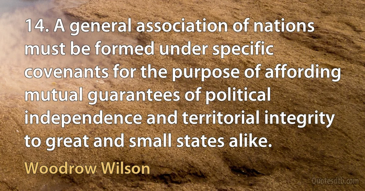 14. A general association of nations must be formed under specific covenants for the purpose of affording mutual guarantees of political independence and territorial integrity to great and small states alike. (Woodrow Wilson)